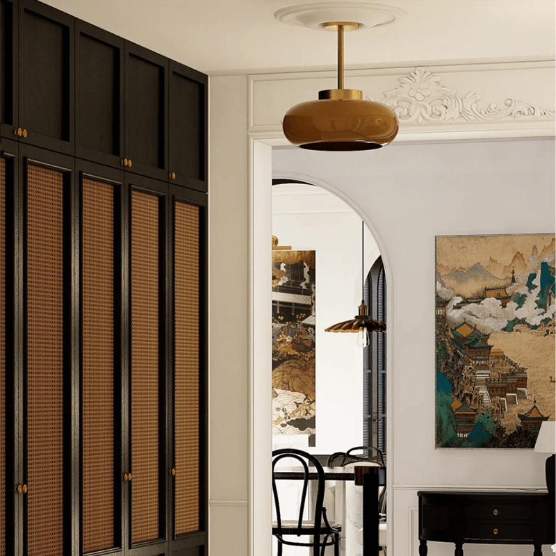 Medieval Inspired Orange Glass 11 Inch Semi Flush Ceiling Light