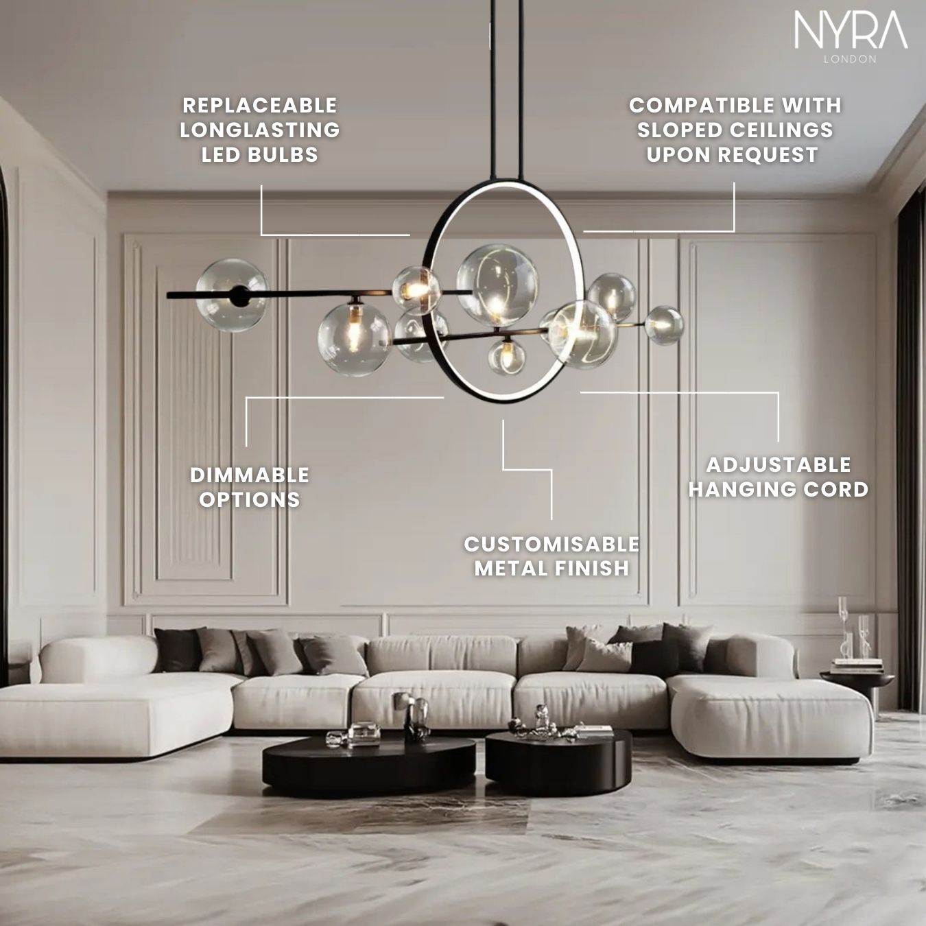 Aurelia Glass Chandelier By LumeCraft With Aluminum Frame And Hand Blown Glass