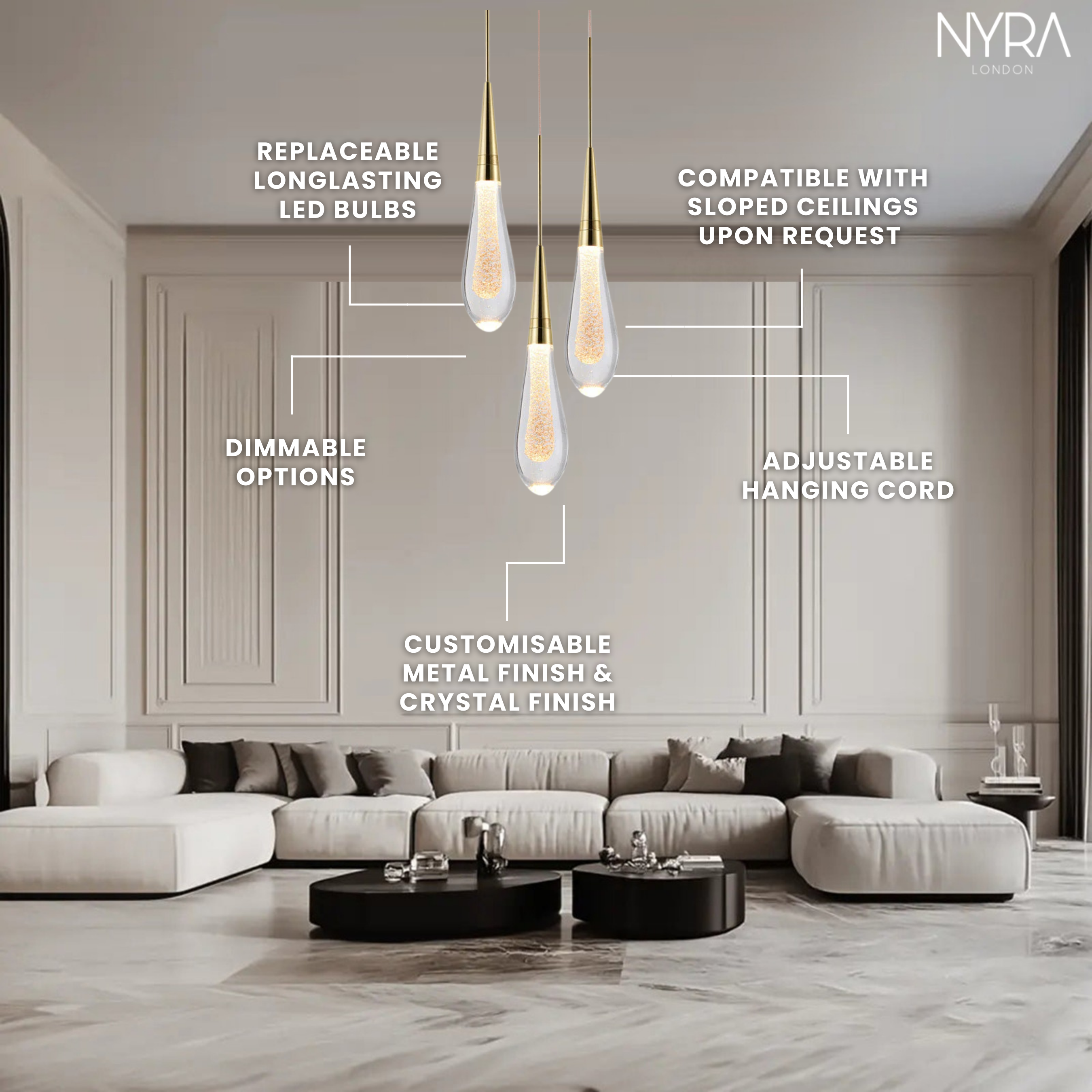 Auric Golden Droplet Pendant Lights with Crystal Finish