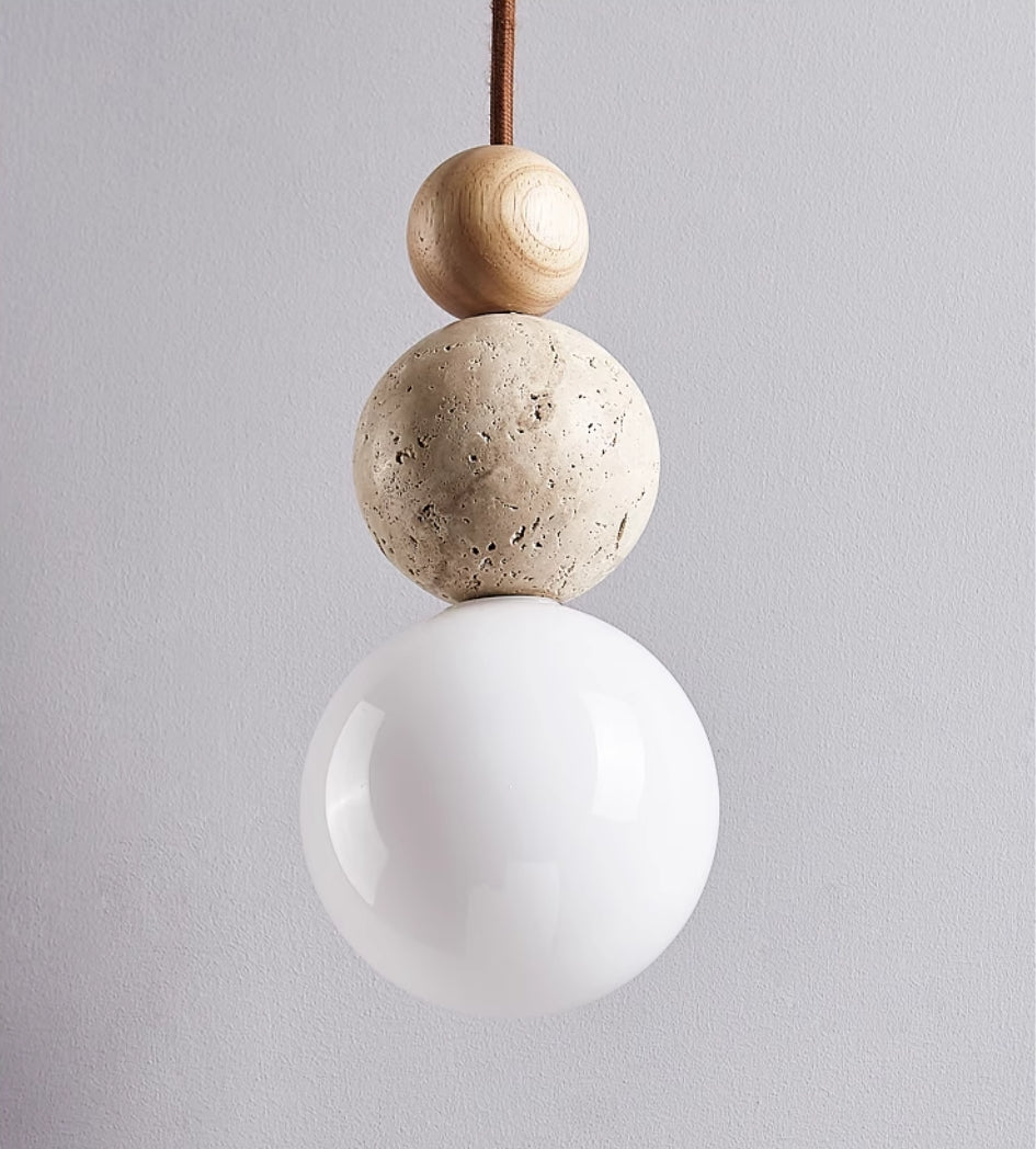 Glass and Wood Pendant Light Featuring Travertine Lava Stone