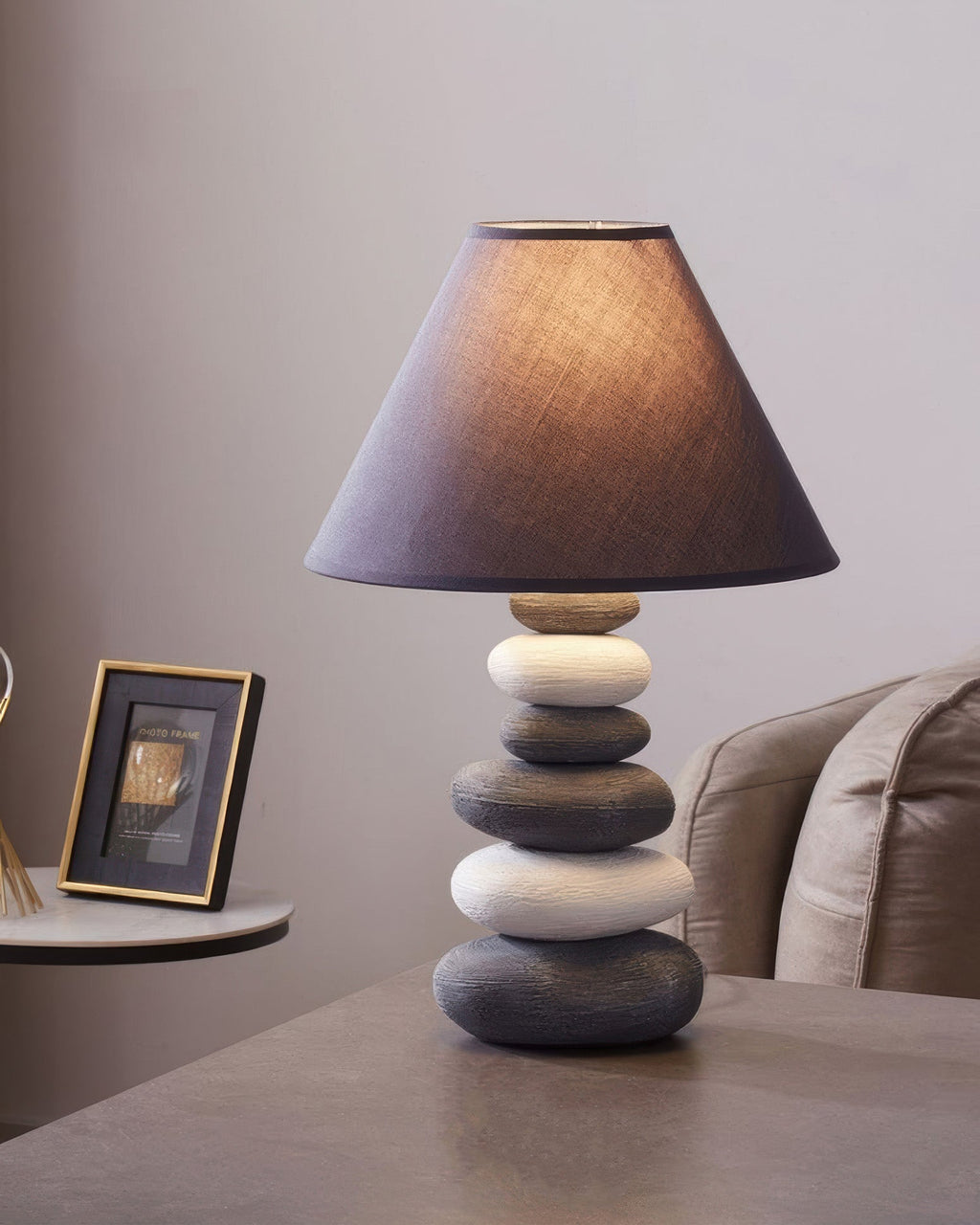 Aurelia Ambient Fabric Table Lamp with Stone-Textured Ceramic Base for Living Room