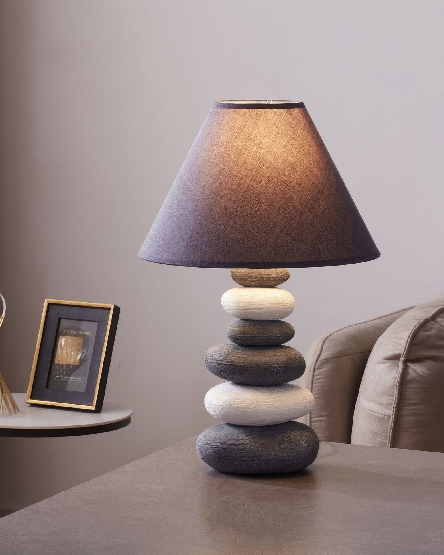 Aurelia Ambient Fabric Table Lamp with Stone-Textured Ceramic Base for Living Room