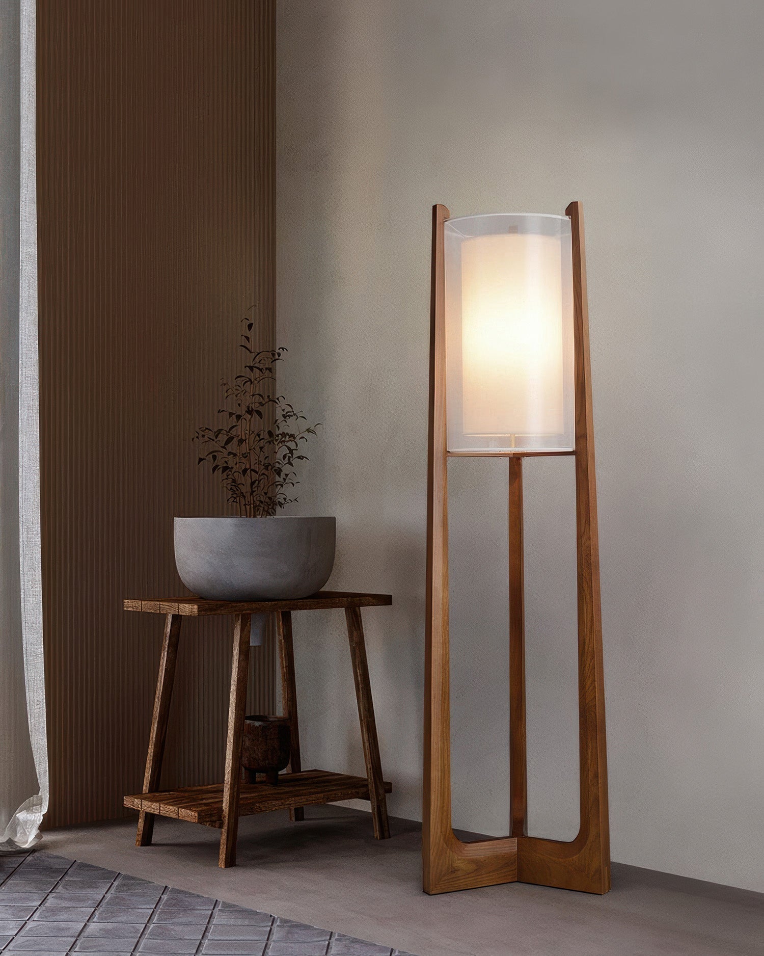 Orinex Floor Lamp In Ash Wood And Needle Wire Cloth Shade