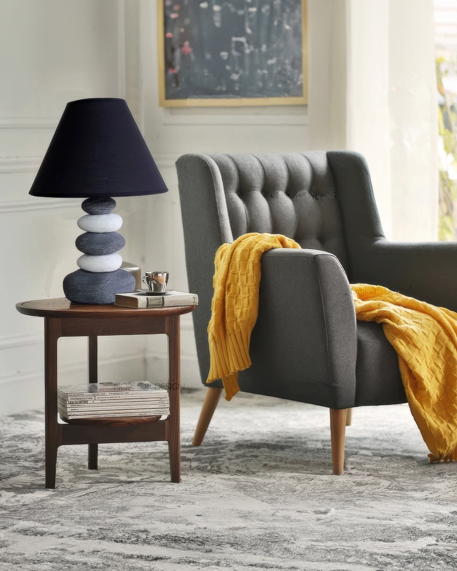 Aurelia Ambient Fabric Table Lamp with Stone-Textured Ceramic Base for Living Room