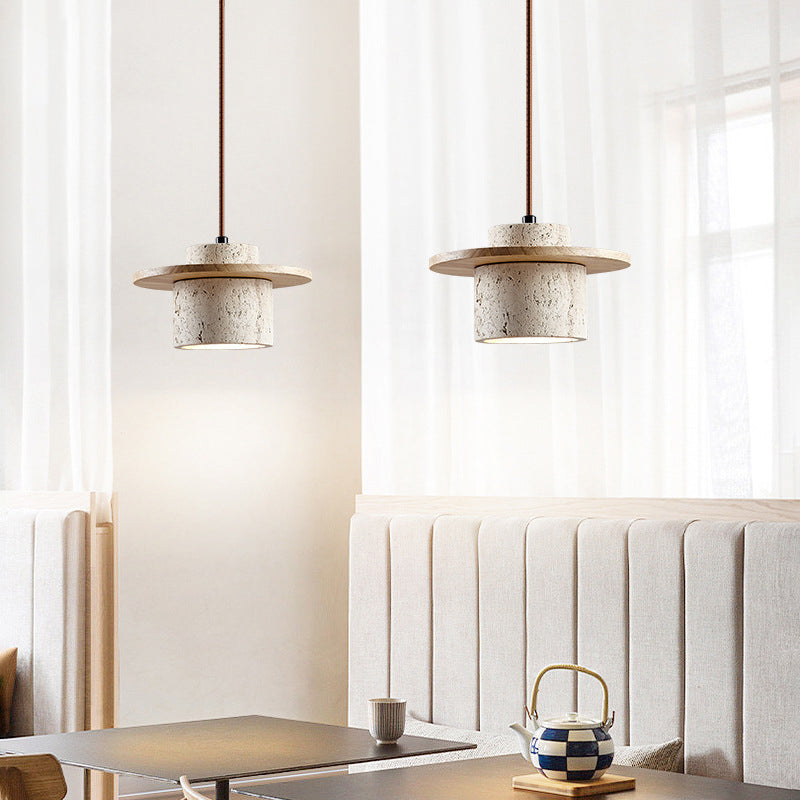 Elegant Travertine and Wood Pendant Light with Integrated LED