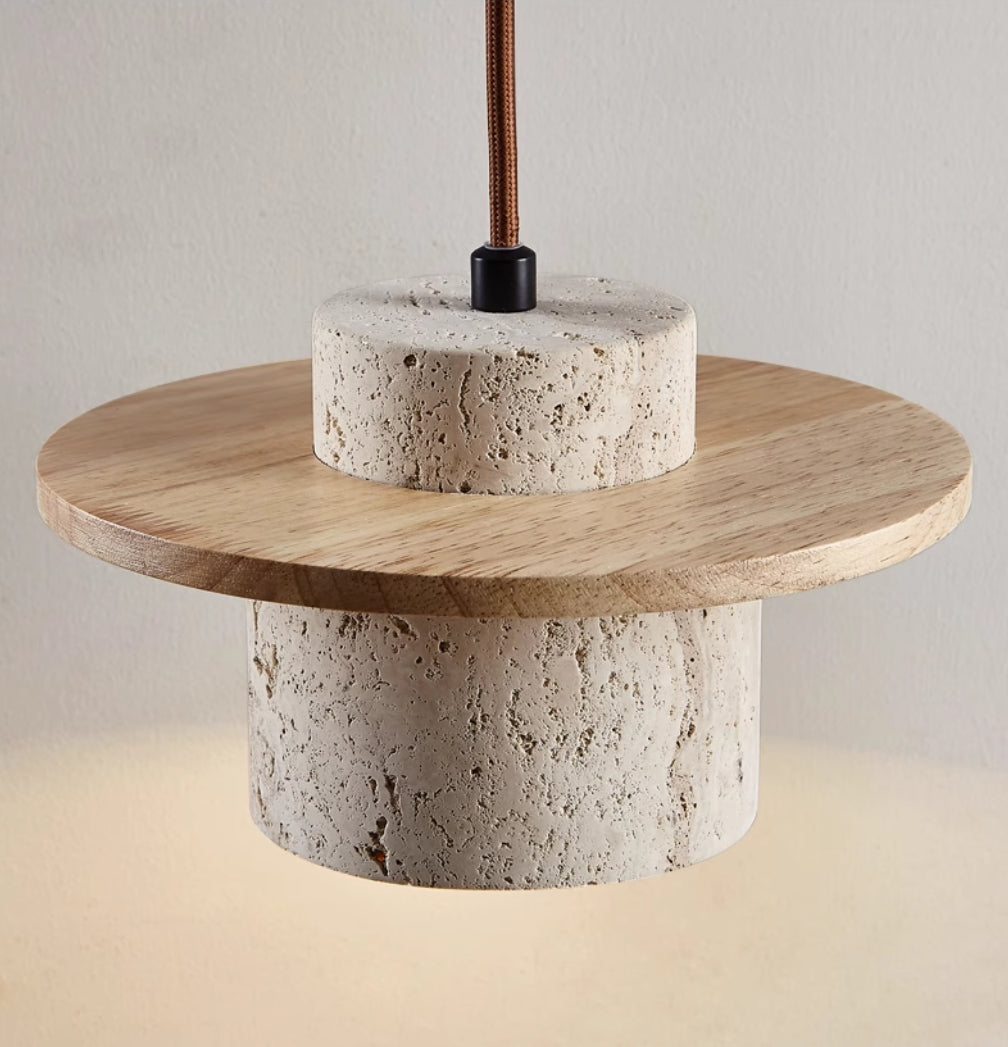 Elegant Travertine and Wood Pendant Light with Integrated LED