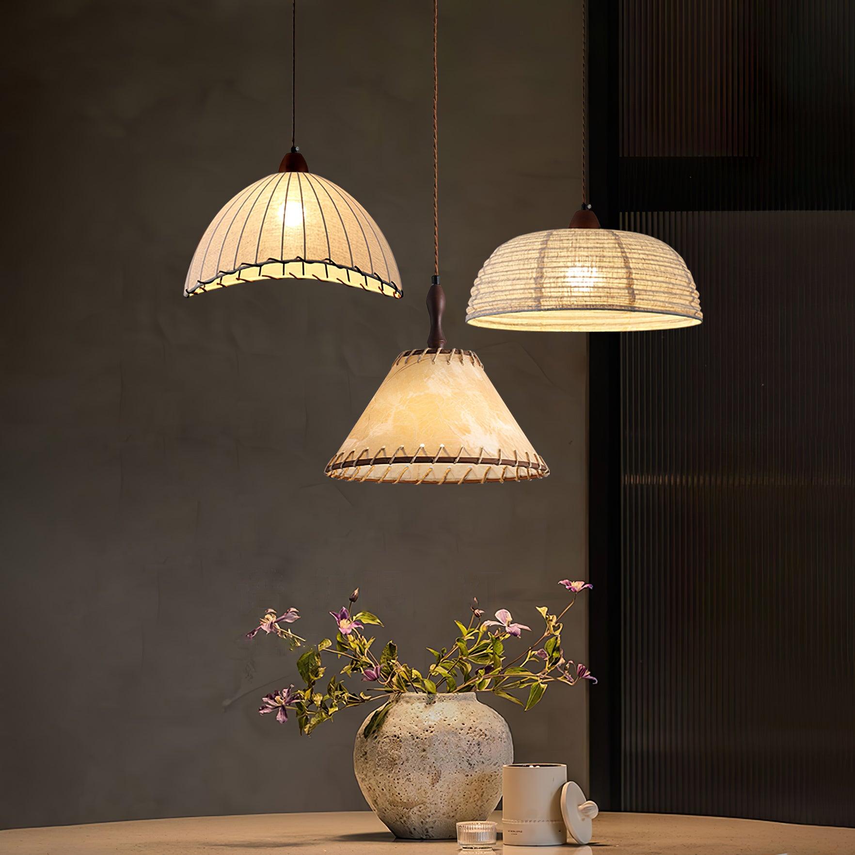 Wood and Fabric Pendant Light Featuring Natural Warm Glow