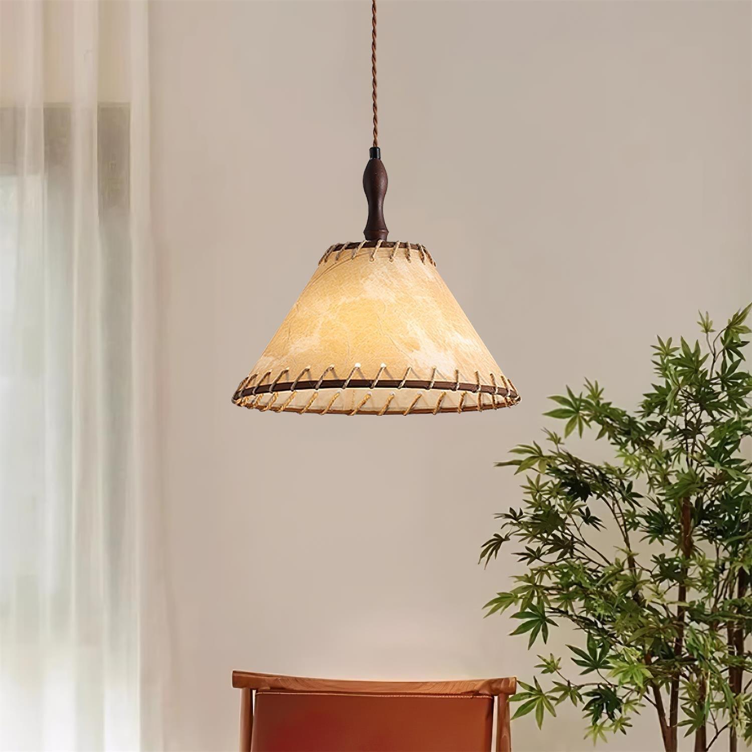 Wood and Fabric Pendant Light Featuring Natural Warm Glow