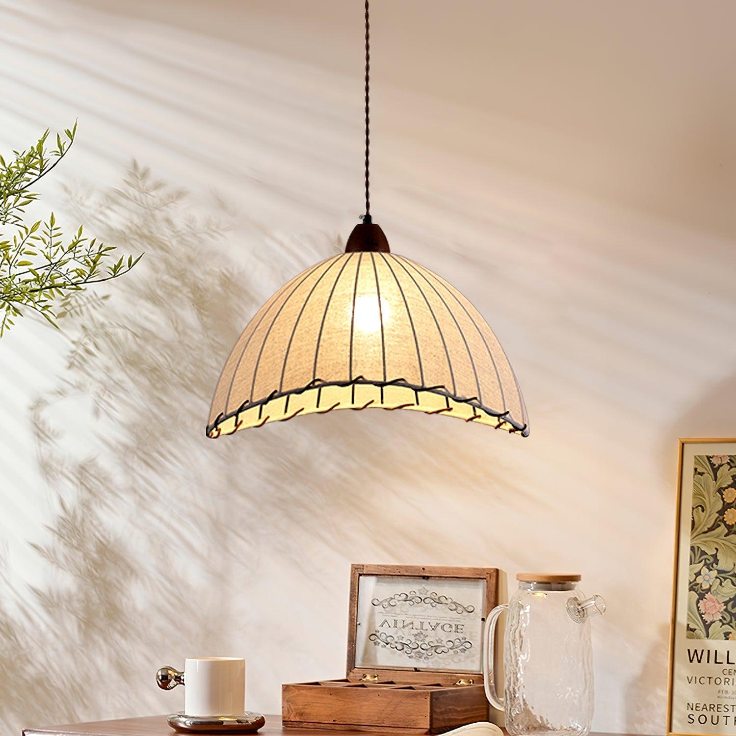 Wood and Fabric Pendant Light Featuring Natural Warm Glow