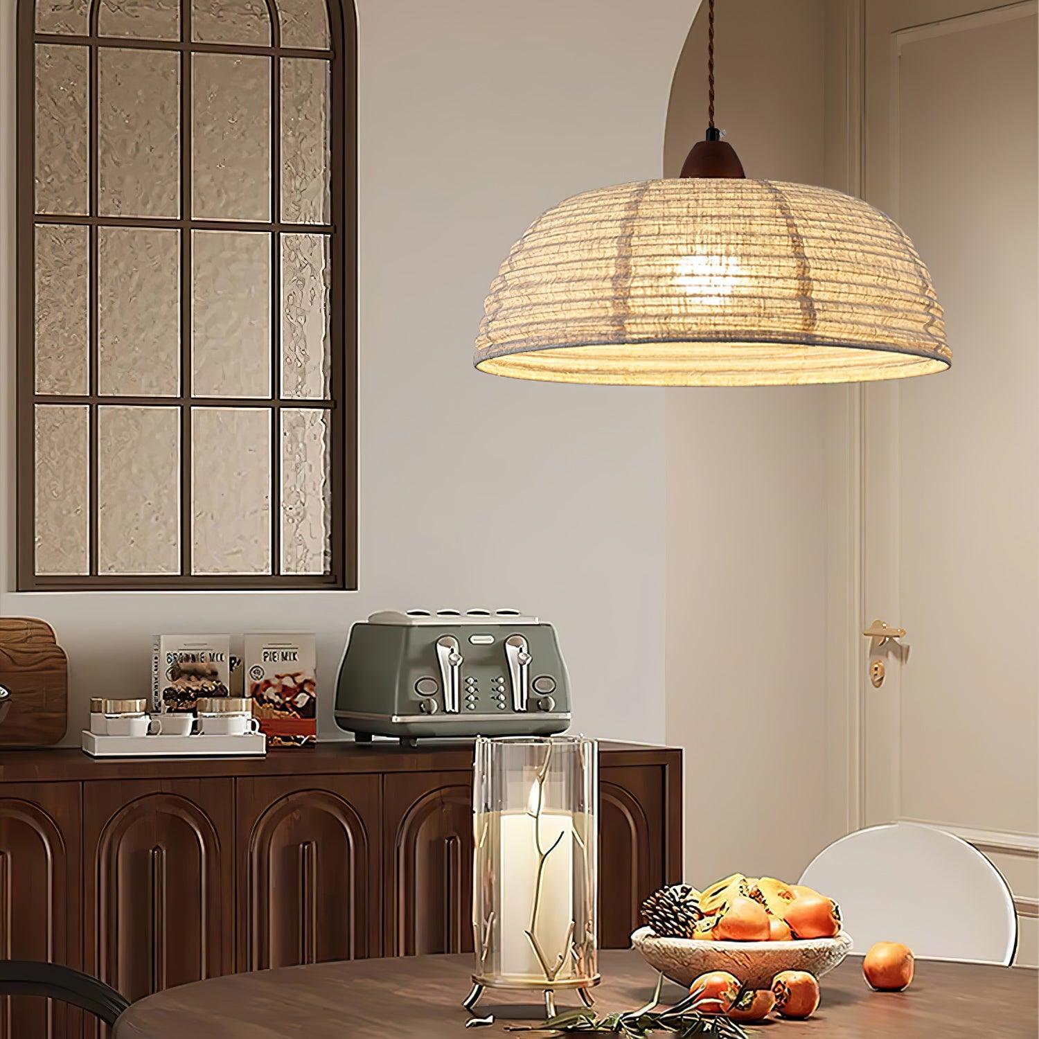 Wood and Fabric Pendant Light Featuring Natural Warm Glow