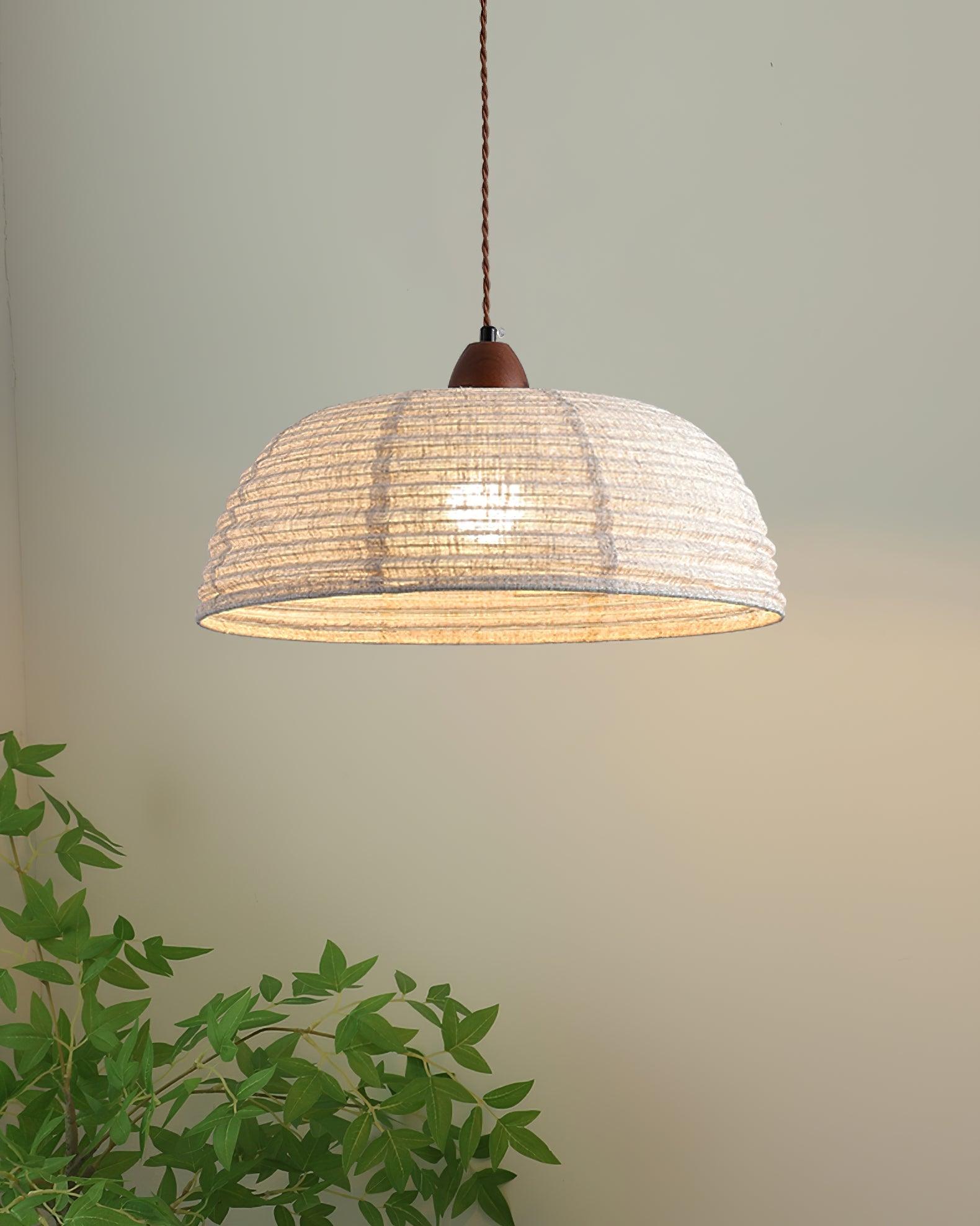 Wood and Fabric Pendant Light Featuring Natural Warm Glow